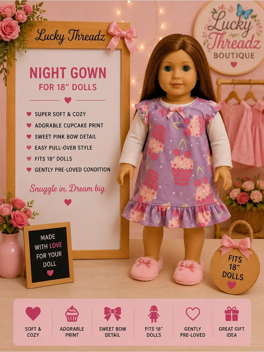 American girl doll  Purple Cupcake Night Gown for 18
